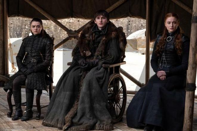 Maisie Williams, Isaac Hempstead Wright and Sophie Turner in a scene from the final episode of "Game of Thrones," which aired on May 19, 2019.