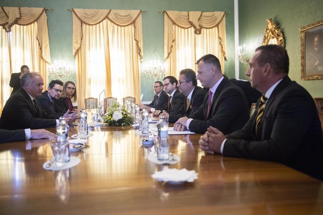 President Andrej Kiska, left, met with representatives of coalition parties to discuss election of Constitutional Court judges.   