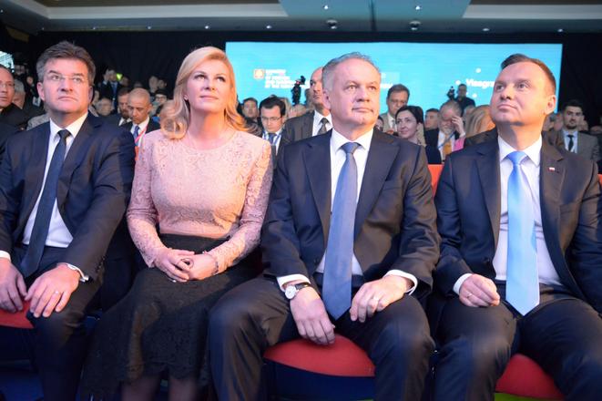 Slovak Foreign Minister Miroslav Lajčák, Croatian President Kolinda Grabar-Kitarović, Slovak President Andrej Kiska, Polish President Andrzej Duda (left to right) attend the opening of Globsec 2017 in Bratislava. 
