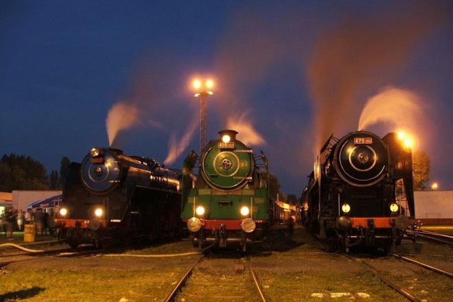 The historical steam engine 475.196 dubbed Her Ladyship (r) with two other vintage engines when presented during the reunion in 2005. 
