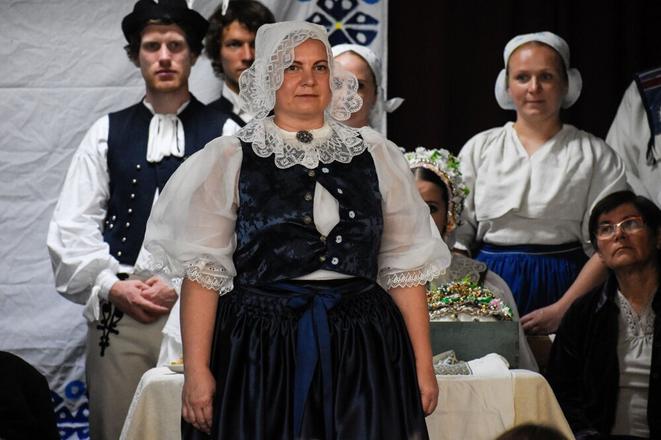 A traditional  kopanice costume worn by a married woman. The woman wearing such a costume is called "krojovanka".