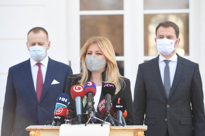 President Zuzana Čaputová met with PM Igor Matovič (r) and Speaker of Parliament Boris Kollár (l) on April 6.