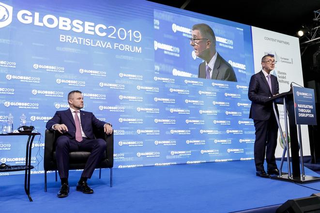 Slovak PM Peter Pellegrini and Czech PM Andrej Babiš at the 2019 Globsec Bratislava Forum on June 8