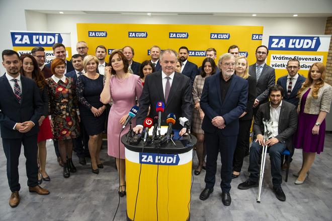 Ex-Slovak President Andrej Kiska (at the stand) presents candidates appearing on his party Za ľudí (For the People)'s slate in the 2020 parliamentary elections. Vice-Chair Veronika Remišová (left to Kiska) and blogger Ján Benčík (right to Kiska) have been put on the slate, too