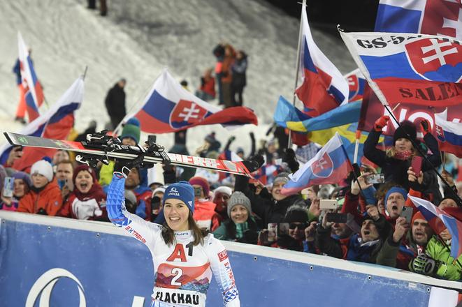 Petra Vlhová celebrates after winning the women's World Cup slalom in Flachau, Austria.