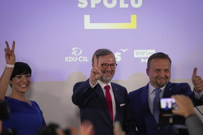 The leaders of three parties that are part of the winning coalition Spolu; l-r: Markéta Pekarová Adamová of TOP 09, Petr Fiala of ODS and Marian Jurečka of KDU-ČSL. 