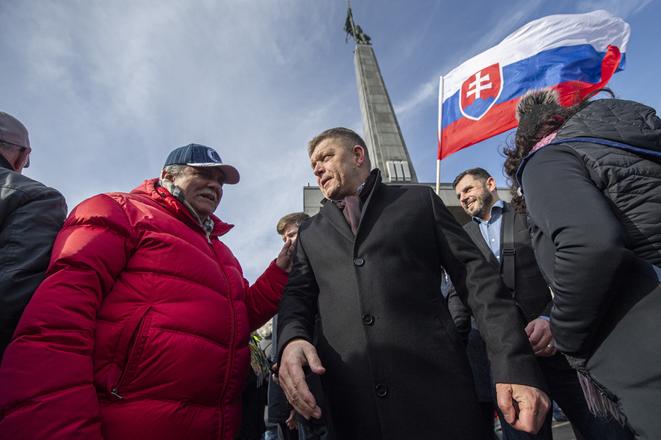 Robert Fico during a protest at the Slavin monument in Bratislava