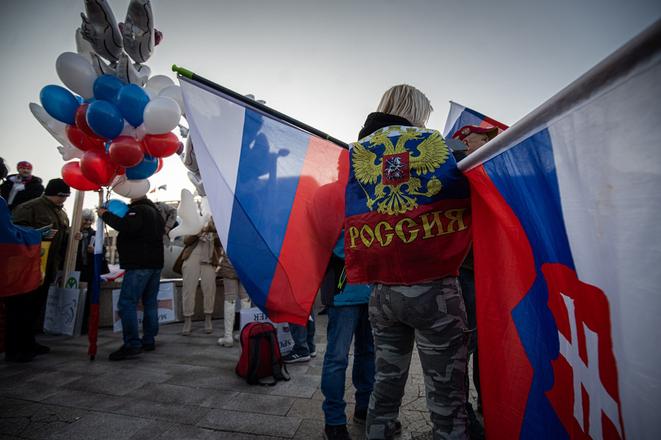 A supporter of Russia during one of the so-called "True march for peace" events. 
