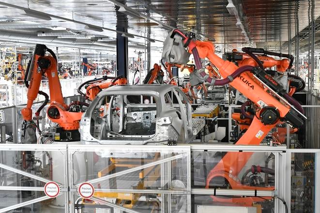 Assembly hall for the Volkswagen Touareg and Škoda Superb body shop in Bratislava in March 2024.
