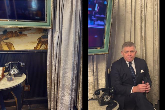 The Grand Opera Madam Butterfly Suite at the five-star Capella Hanoi hotel in Vietnam (left) and Prime Minister Fico (right) in the same suite, from where he posted a video on social media on January 2. Fico had not appeared in public for weeks and tried to conceal his location in his videos. However, details such as a phone, curtains, and a framed television gave him away.