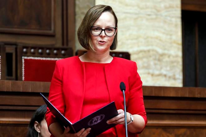 Director of Studia Academica Slovaca, Michaela Mošaťová, during the opening of the Slovak language and culture summer school, Studia Academica Slovaca, in Bratislava on July 31, 2023.