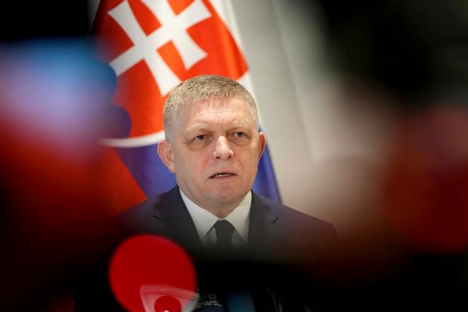 Prime Minister Robert Fico speaks during a media conference regarding Ukraine's decision to halt Russian gas supplies to Europe, at the Slovak Representation in Brussels, Thursday, January 9, 2025.