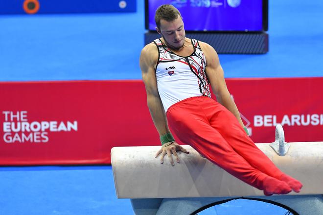 Slavomír Michňák na koni počas kvalifikácie viacboja na II. Európskych hrách v Minsku 2019.
