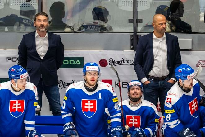 Reprezentačný tréner Vladimír Országh (vľavo) a  jeho asistent Ján Pardavý na lavičke.