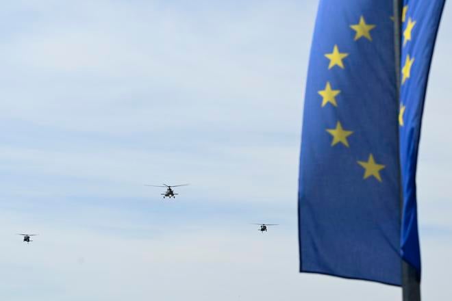 A helicopter flyover near the village of Brezová pod Bradlom in the Myjava district on Saturday, 4 May 2024.