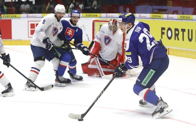 Michal Ivan (Slovensko) pred bránkou Francúzska počas prípravného hokejového zápasu pred majstrovstvami sveta medzi Slovenskom a Francúzskom vo Zvolene