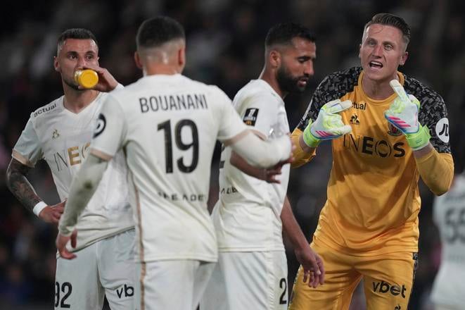 Brankár Nice Marcin Bulka (vpravo) reaguje v zápase 31. kola francúzskej Ligue 1