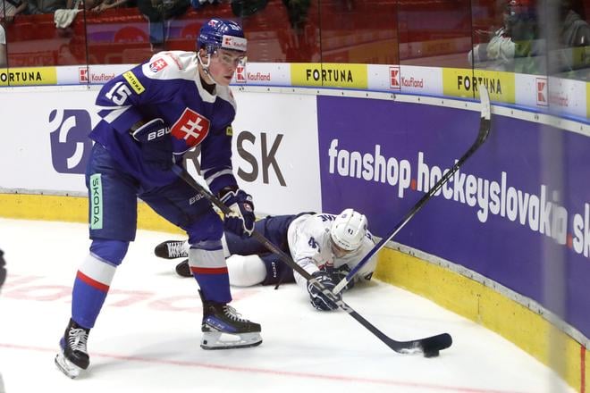 Na snímke zľava Dalibor Dvorský a Pierre Bellemare bojujú o puk počas prípravného zápasu Slovensko - Francúzsko vo Zvolene. Oba tímy sa pripravujú na svetový šampionát v Štokholme a Herningu. 