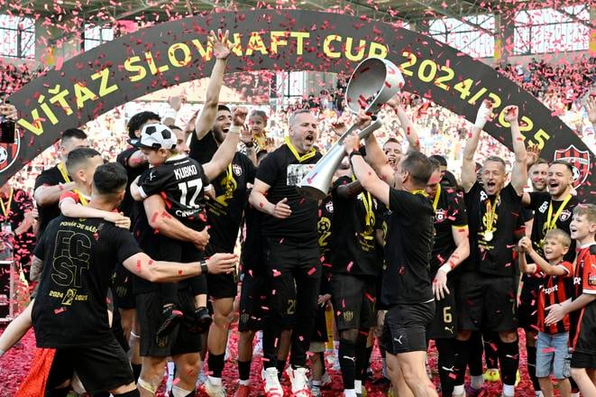 Spartak Trnava players celebrate winning the Slovak Cup for the 2024/25 season on Thursday, 1 May 2025, in Dunajská Streda.