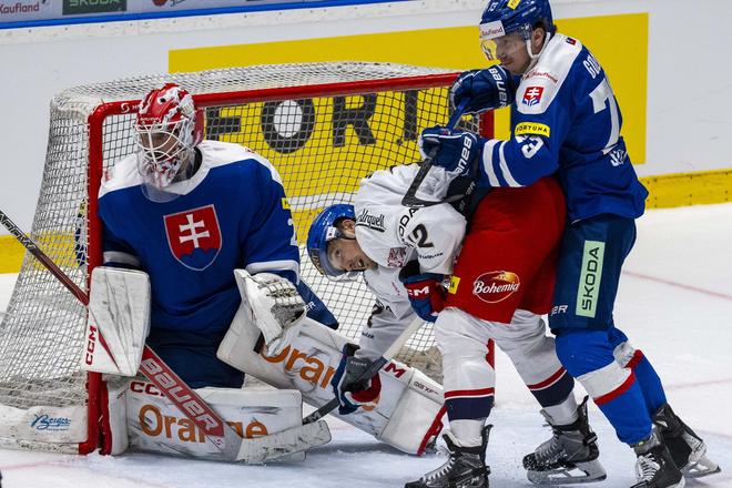 Na snímke zľava slovenský brankár Patrik Rybár,  Kristian Reichel (Česko) a Andrej Golian (Slovensko).