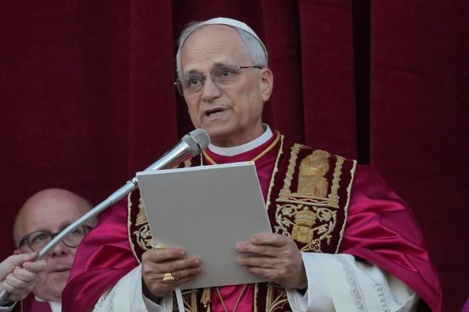 Newly elected Pope Leo XIV, formerly American Cardinal Robert Prevost, addressed the faithful from the central balcony of St. Peter’s Basilica on Thursday, May 8, 2025.