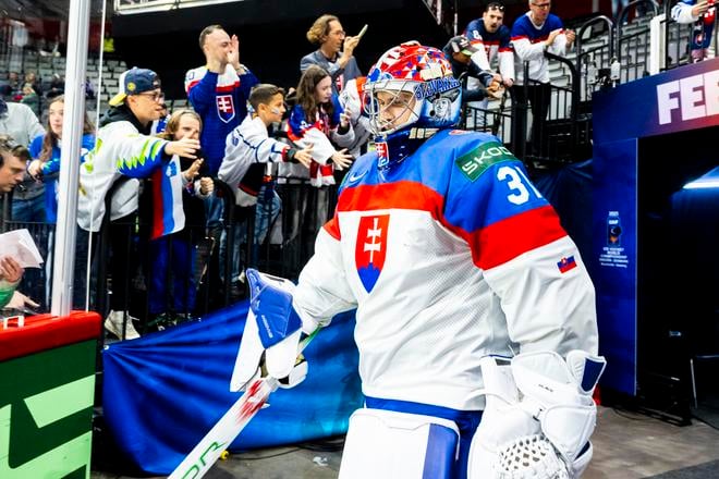 Na snímke slovenský brankár Samuel Hlavaj nastupuje v zápase základnej A- skupiny Slovensko - Slovinsko.