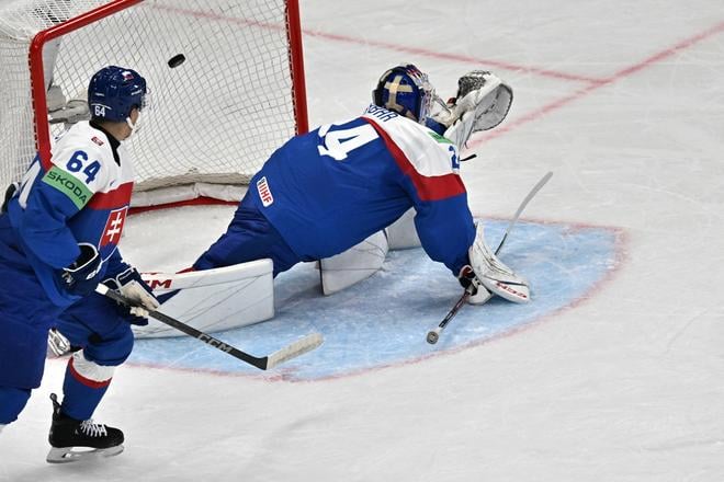 Na snímke zľava Patrik Koch a brankár Patrik Rybár (obaja Slovensko) inkasuje gól počas zápasu základnej A-skupiny Švédsko - Slovensko na 88. majstrovstvách sveta v ľadovom hokeji vo švédskom Štokholme.
