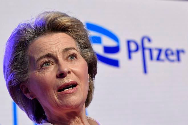 European Commission President Ursula von der Leyen makes a statement during an official visit to the Pfizer pharmaceutical company in Puurs, Belgium, Friday, April 23, 2021.