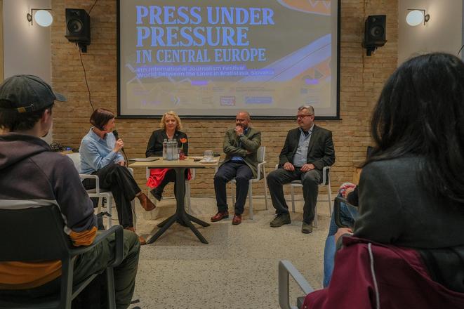 Speakers at the Press Under Pressure debate (from left): Beata Balogová, Marius Dragomir and Tamás Bodoky.
