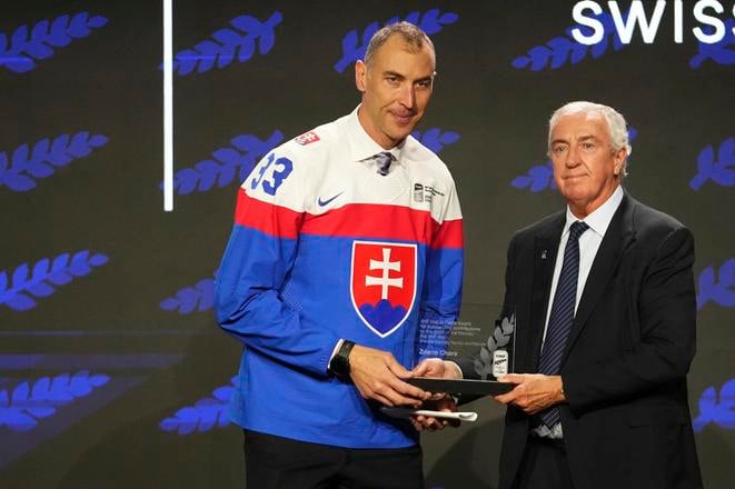 Zdeno Chára (left) during the IIHF Hall of Fame induction ceremony.