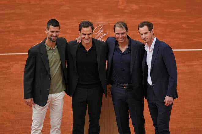 Rivali a priatelia so 69 grandslamami. Zľava Novak Djokovič (24 triumfov), Roger Federer (20), Rafael Nadal (22) a Andy Murray (3).
