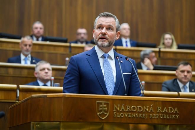 Slovak President Peter Pellegrini delivers the State of the Republic address to members of the National Council (parliament) in Bratislava on Wednesday, 28 May 2025.