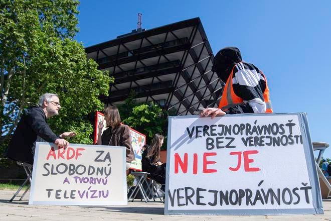 A protest organised by the Student Initiative for Open Culture, titled “About Us Without Us”, outside the Slovak Public Radio building in Bratislava on May 12, 2025.