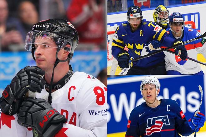 Kanaďan Sidney Crosby (vľavo), Švéd Victor Hedman (vpravo hore v tmavomodrom), Slovák Martin Pospíšil (vpravo hore v bielom) a Američan Brady Tkachuk (vpravo dole) nechýbajú v nomináciách svojich krajín na ZOH 2026 v Miláne.
