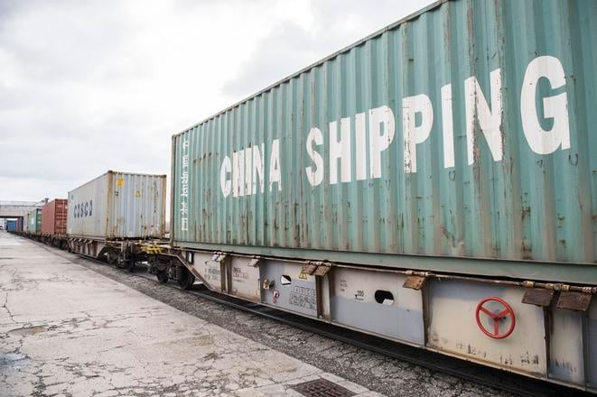 A freight train from China during its ceremonial welcome at the transhipment terminal of the Bratislava cargo port on Monday, 13 November 2017.