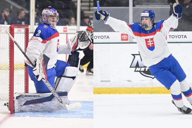 Brankár Michal Prádel (vľavo) a útočník Ján Chovan sú hlavní kandidáti na slovenskú jednotku draftu do NHL 2025.