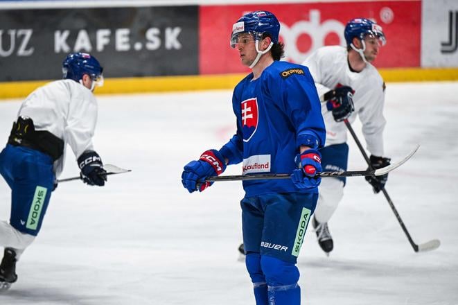Libor Nemec (v modrom) počas prípravného tréningu slovenskej hokejovej reprezentácie pred dvojzápasom so Švajčiarskom 7. apríla 2025 v Bratislave.