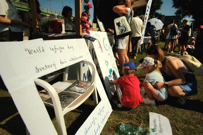 Children draw during World Refugee Day in Bratislava, June 2025.