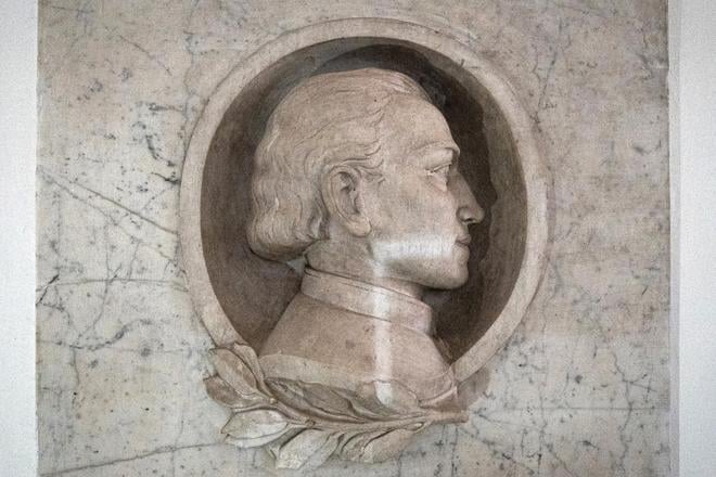 A portrait of Jozef Ignác Bajza on an epitaph created by Alojz Rigele based on a model by sculptor Jozef Pospíšil.