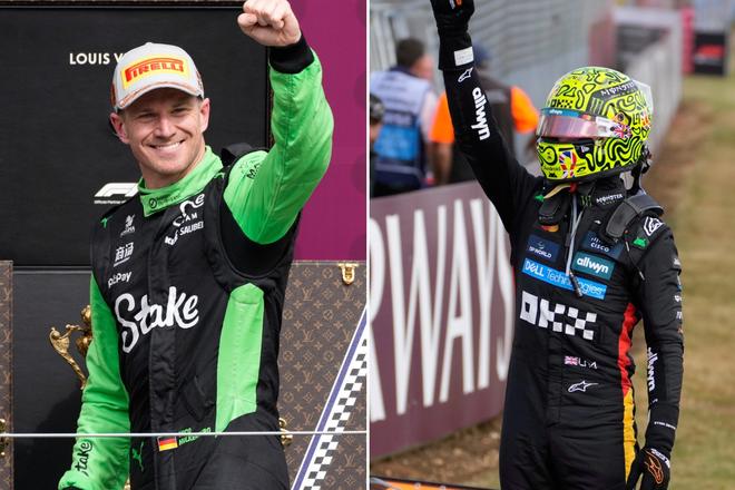 Nico Hülkenberg a Lando Norris s oslavnými gestami počas VC Veľkej Británie na okruhu Silverstone - koláž denníka Šport