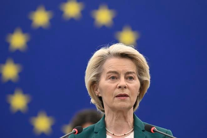 European Commission President Ursula von der Leyen delivers her speech on Tuesday, 8 July 2025, at the European Parliament in Strasbourg, eastern France.