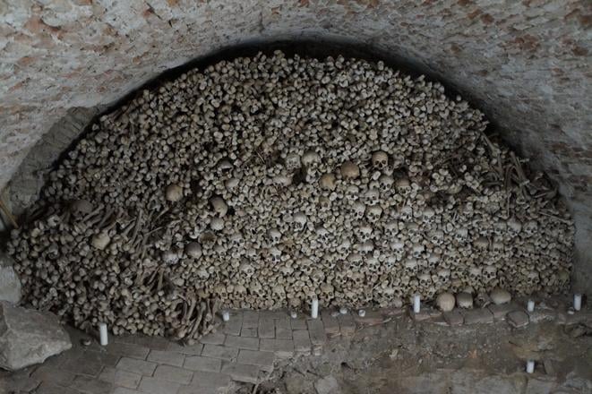 Wall of skulls in St James’s Chapel, Bratislava