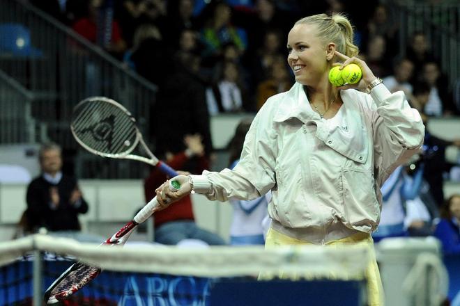 Na snímke dánska tenistka Caroline Wozniacka pred exhibíciou Tennis Classic 2011.