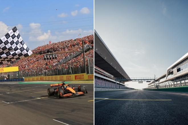 Oscar Piastri pri víťazstve na VC Maďarska v roku 2024 a vynovená tribúna a boxy po rekonštrukcii Hungaroringu - koláž denníka Šport. zdroj FOTO: TASR/AP a facebook Hungaroring
