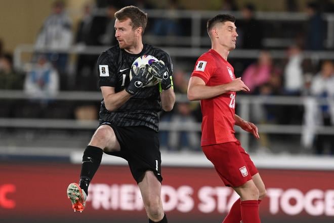 Brankár Lukáš Hradecký (vľavo) v reprezentácii Fínska.