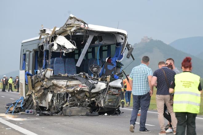 The aftermath of a collision between a lorry and a bus near the village of Drienovec, Košice district, on 8 September 2025.