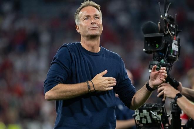 Dánsky futbalový tréner Kasper Hjulmand po zápase základnej C-skupiny Dánsko - Srbsko na ME vo futbale v Mníchove.