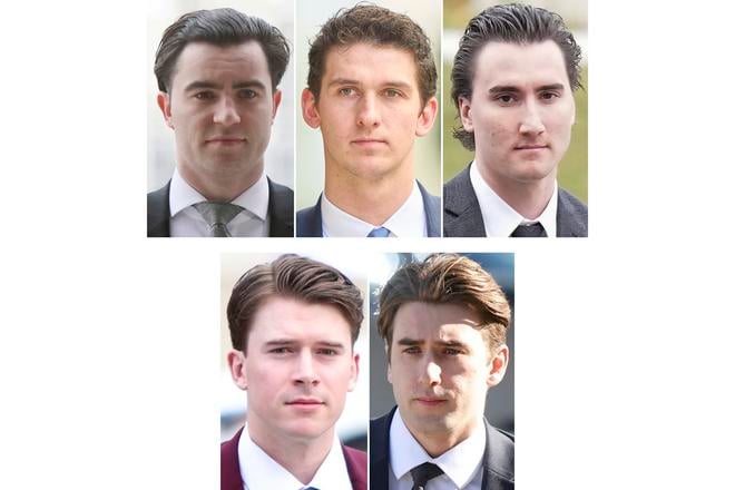 Pätica hokejistov zapletená do sexuálneho škanduálu: vľavo hore Dillon Dube, Cal Foote, Alex Formenton, vľavo dole Carter Hart a Michael McLeod.,