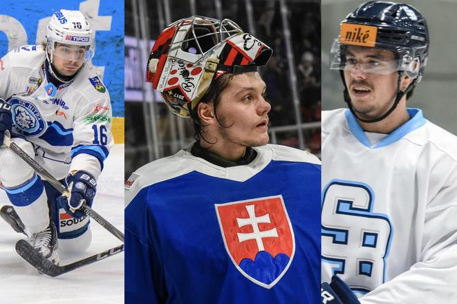 Kandidáti na prelomovú sezónu v extralige - zľava Marko Stacha (Nitra), Eugen Rabčan (Banská Bystrica) a Tomáš Královič (Slovan)