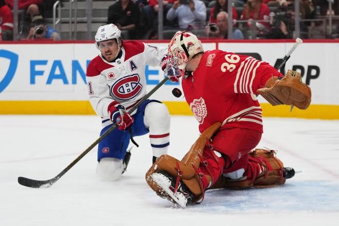 Brendan Gallagher (Montreal) a brankár John Gibson (Detroit).